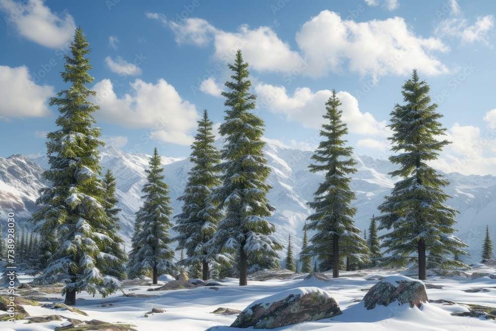 Tall and elegant trees grace the alpine landscape forming a tranquil and breathtaking scenic view
Tall and elegant trees grace the alpine landscape forming a tranquil and breathtaking scenic view
