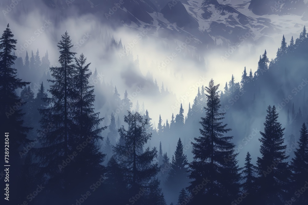 Obraz premium Misty mountain backdrop with shadowed trees.