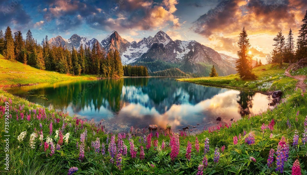 Beautiful spring landscape. Blooming flowers and trees on the meadow with green grass near lake against background with mountain peaks