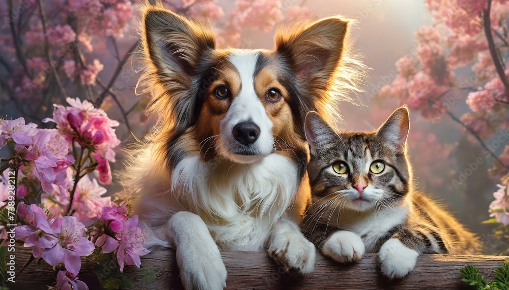 Dog and cat sitting together on pink background and looking at camera. Pets posing. Friendship between dog and cat.
