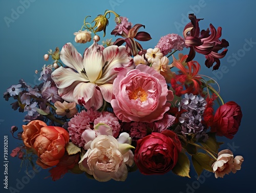 A vibrant bouquet of red garden roses, carefully arranged with artificial flowers, creates a stunning still life against a calming blue background © JohnTheArtist