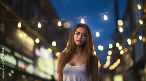 A serene young woman with long hair in a casual tank top stands under glowing string lights against a blurred city backdrop at twilight.  © Oleksiy