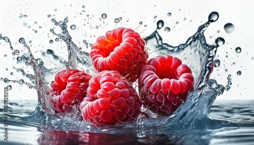 Ripe red raspberry with water splash isolated on white background. Berry explosion
