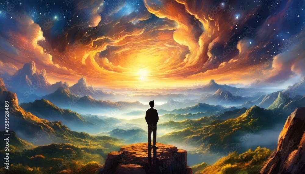 Silhouette of alone person looking at heaven. Lonely man standing in fantasy landscape with shining cloudy sky. Meditation and spiritual life - obrazy, fototapety, plakaty 