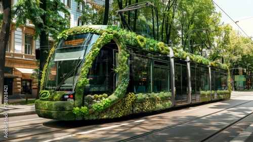 A city tram embellished with lush green plants cruises the streets