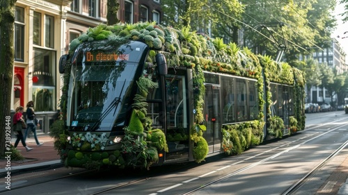 A city tram embellished with lush green plants cruises the streets