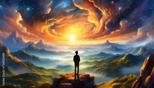 Silhouette of alone person looking at heaven. Lonely man standing in fantasy landscape with shining cloudy sky. Meditation and spiritual life #738928489