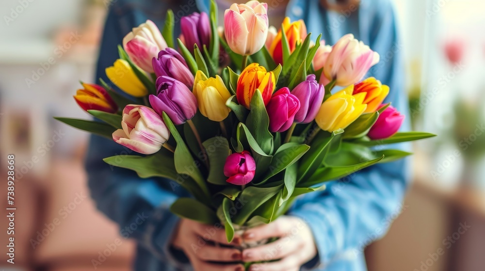 Close up shot of woman s hands holding a vibrant bouquet of colorful tulips in vivid hues - obrazy, fototapety, plakaty 