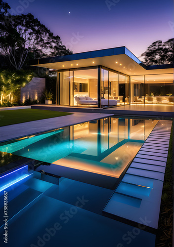 Experience the mesmerizing ambiance as a luxury swimming pool illuminates the night beside a modern glass house interior, captured © Images Guru