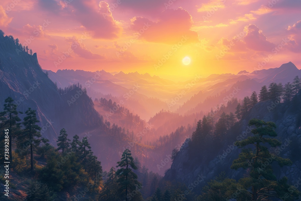 Fototapeta premium Sunset over a tree-lined mountain ridge creates a serene and picturesque landscape with vibrant hues painting the sky