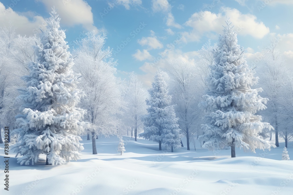 Fototapeta premium A serene winter scene unfolds, with trees blanketed in snow.