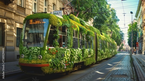 A city tram embellished with lush green plants cruises the streets