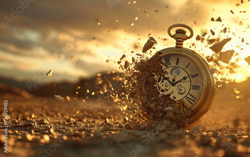 An antique pocket watch seemingly disintegrating or exploding in small pieces caught in the warm glow of a setting sun. 