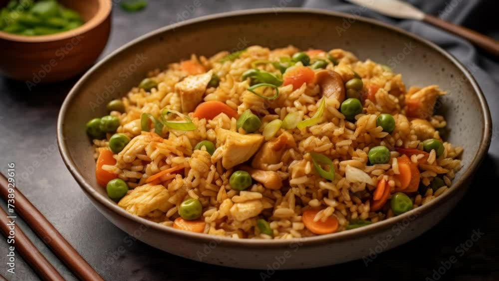 Bowl filled with rice and vegetables, perfect for Asian cuisine concepts Bowl filled with rice and vegetables, perfect for Asian cuisine concepts