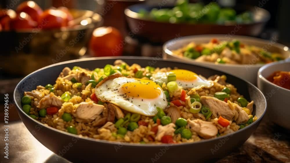 Simple bowl of rice topped with fried egg, suitable for food and cooking concepts Simple bowl of rice topped with fried egg, suitable for food and cooking concepts