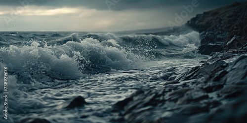 Waves Crashing on Rocky Shore. Dynamic waves crash against the rugged rocks of a coastal shoreline. © SnowElf