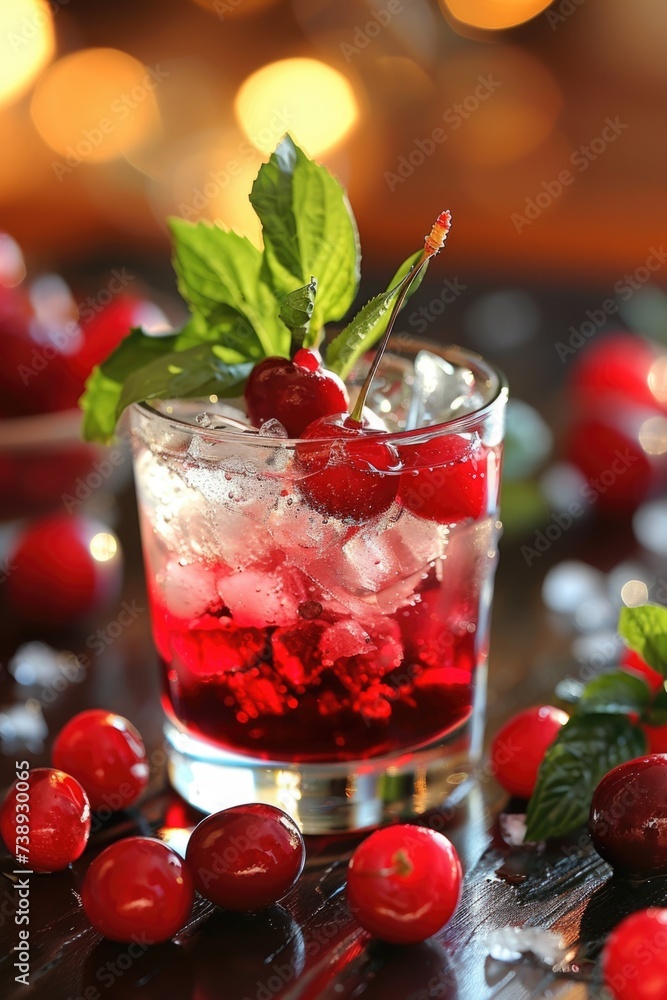 Iced Cherry Beverage with Fresh Fruit and Mint on Warm Glowing Background Iced Cherry Beverage with Fresh Fruit and Mint on Warm Glowing Background