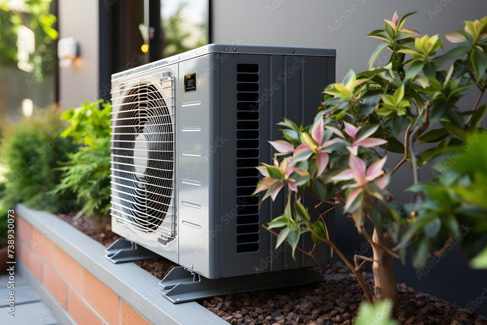 Air heat pump near pool house outdoors.
Air heat pump near pool house outdoors.