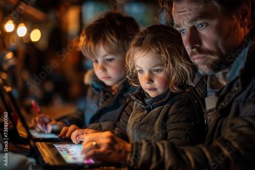A curious toddler and a boy dressed in colorful clothing stand in awe as they gaze at the tablet screen held by a man, their faces illuminated by the digital world unfolding before them