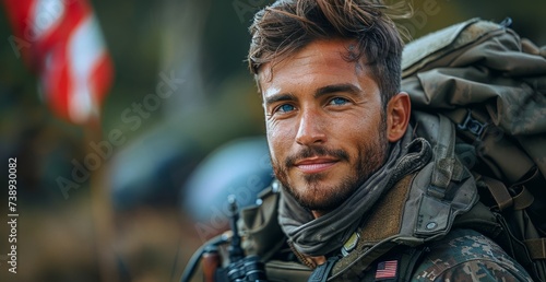 A stern soldier with piercing blue eyes gazes into the distance, his rugged face framed by a military jacket, embodying strength and determination in the great outdoors © familymedia