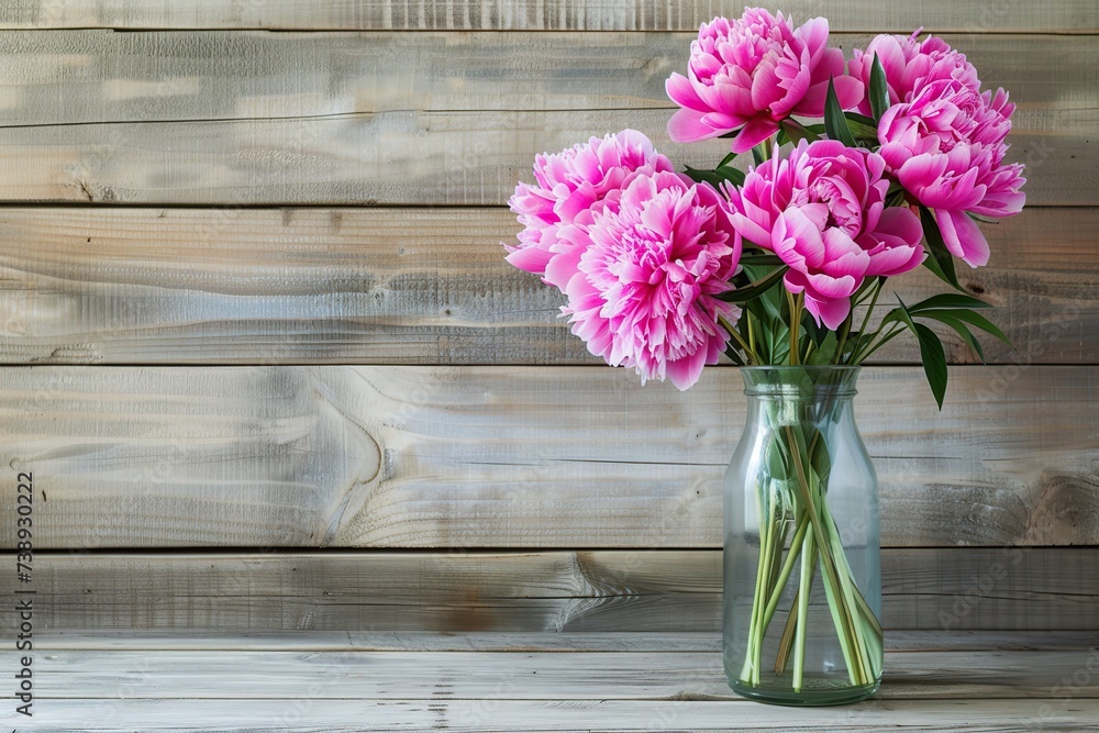 Fresh bouquet of peony flowers in vase on wooden background Fresh bouquet of peony flowers in vase on wooden background