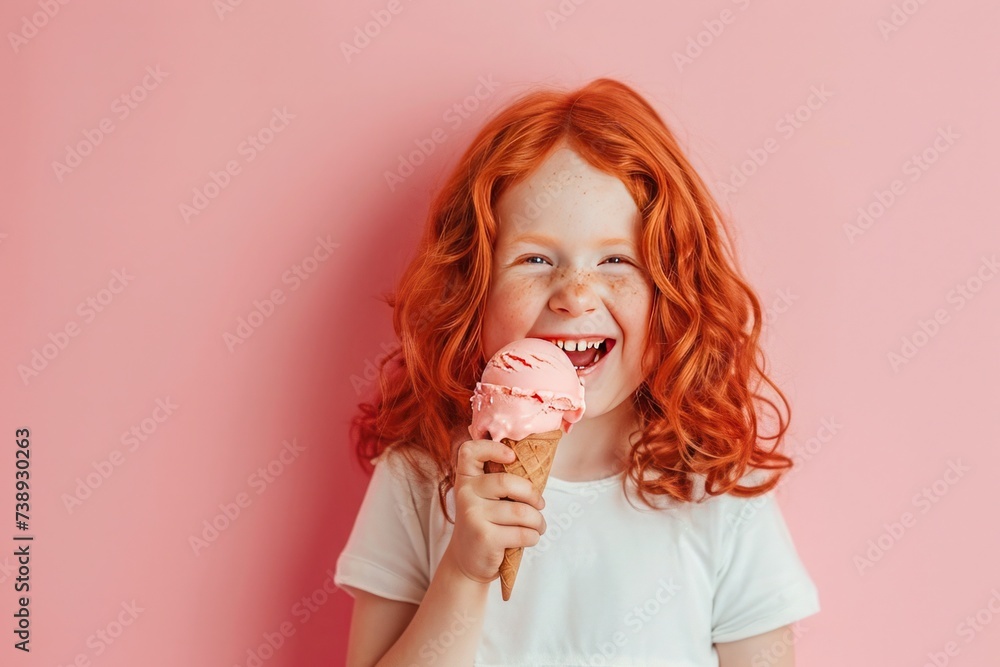 A happy little girl with red hair is smiling while eating an ice cream cone A happy little girl with red hair is smiling while eating an ice cream cone