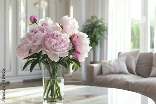 Fresh bouquet of peony flowers in vase on table in living room