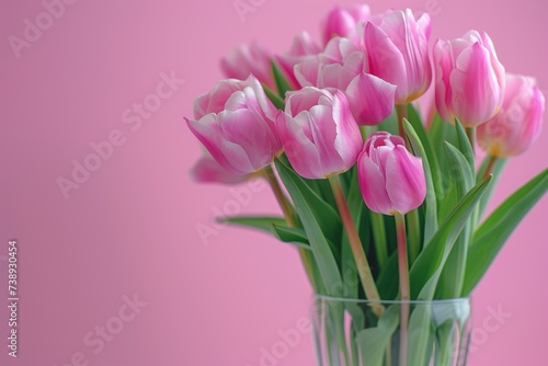 Fresh cut tulip flowers in vase on pink background © Alina