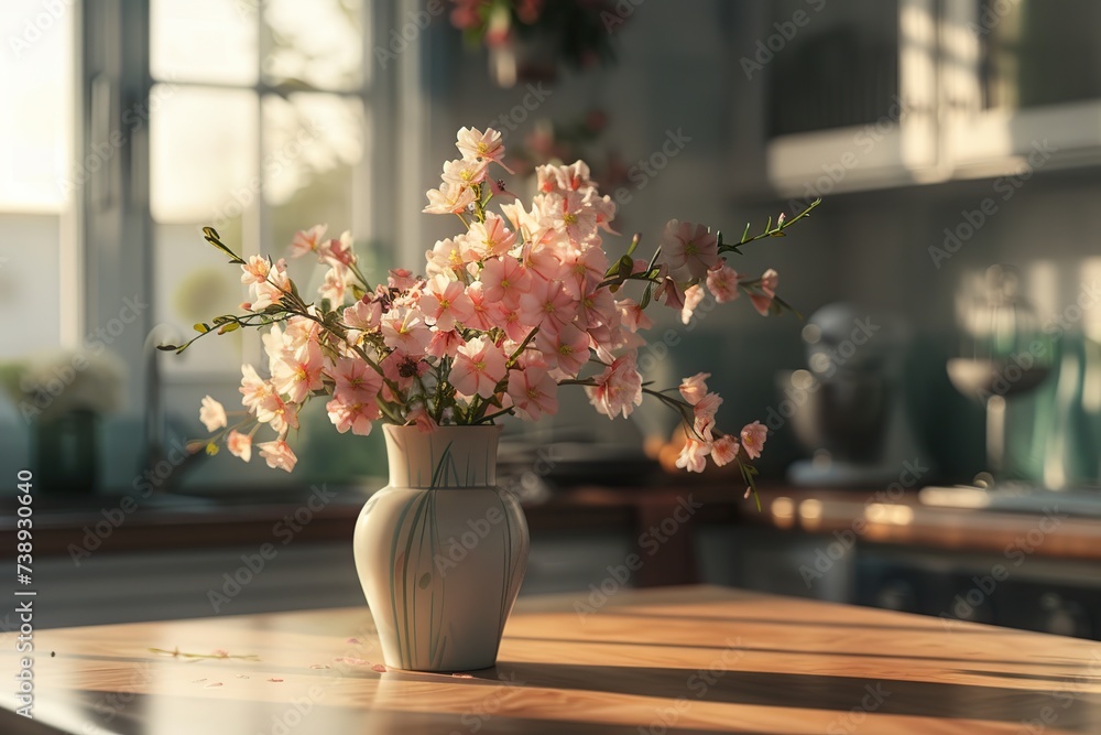 Fresh cut spring flowers in vase on table in kitchen Fresh cut spring flowers in vase on table in kitchen