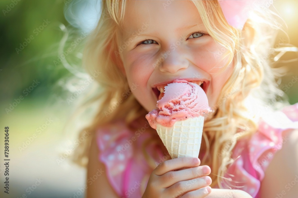 a little girl in a pink dress is eating an ice cream cone