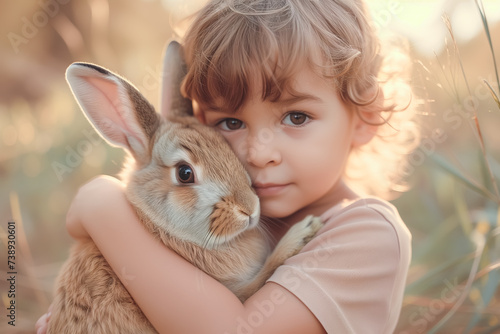 cute little girl holds and hugs fluffy rabbit in arms outdoor. domestic animals. Easter bunny