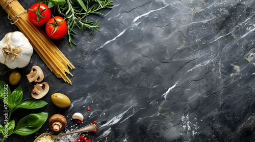 Italian food background  with vine tomatoes  basil  spaghetti  mushrooms  olives  parmesan  olive oil  garlic  peppercorns  rosemary  parsley and thyme. Slate background.