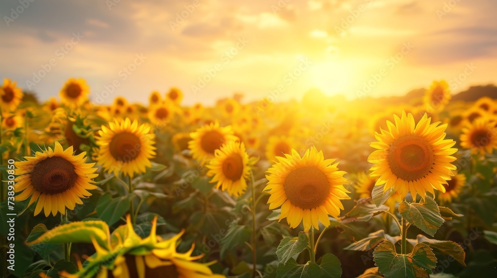 Fototapeta premium Vivid and radiant, a sunflower field blooms in full glory under the summer sun.