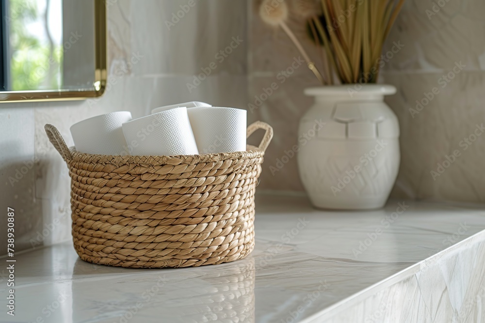 Toilet paper rolls in basket in bathroom Toilet paper rolls in basket in bathroom
