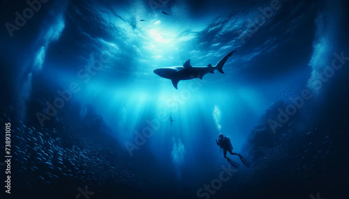 A diver and a bull shark under water