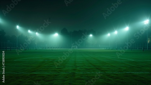 Universal grass stadium illuminated by spotlights and empty green playground