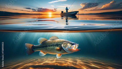 A fishing scene on a calm lake. Just beneath the serene water surface, a magnificent bass fish swims freely photo