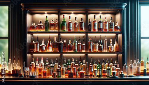 A bar setting, with a close-up view of three horizontal shelves laden with an assortment of liquor bottles photo