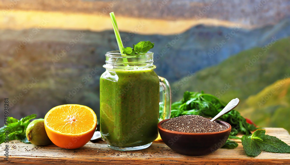 Healthy green smoothie with spinach, orange fruit, chia seeds and lemon in a glass pitcher. and green foods ingredients placed around with landscape background Healthy green smoothie with spinach, orange fruit, chia seeds and lemon in a glass pitcher. and green foods ingredients placed around with landscape background