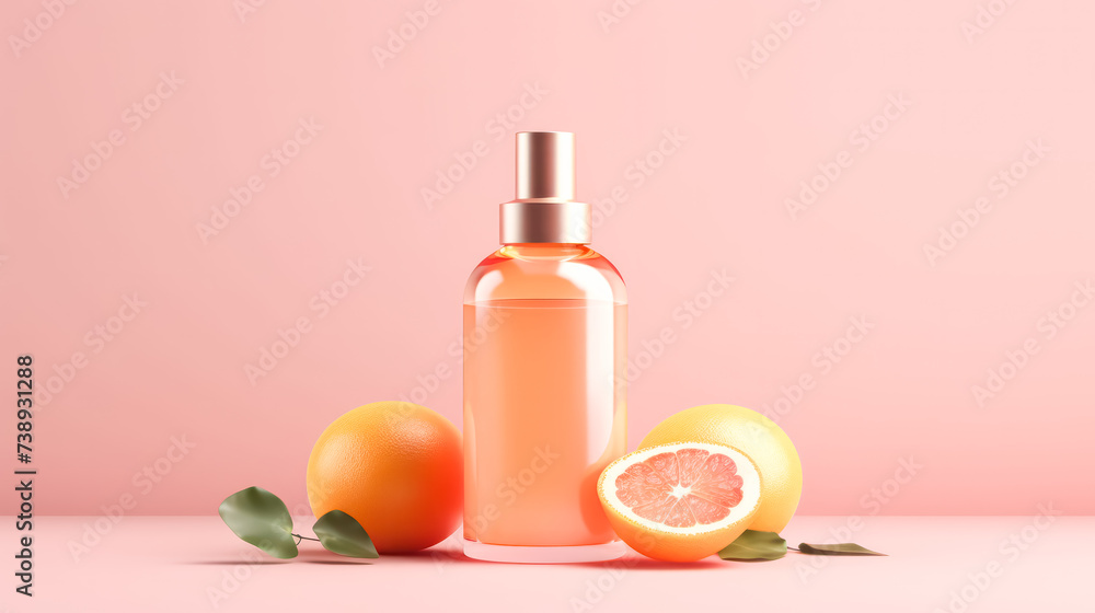 A transparent bottle showcased on a bright background adorned with vibrant grapefruits, offering a refreshing and colorful aesthetic. A transparent bottle showcased on a bright background adorned with vibrant grapefruits, offering a refreshing and colorful aesthetic.