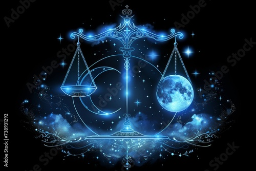 Astrological zodiac sign libra shining in blue on black background, vector style illustration © Ilja