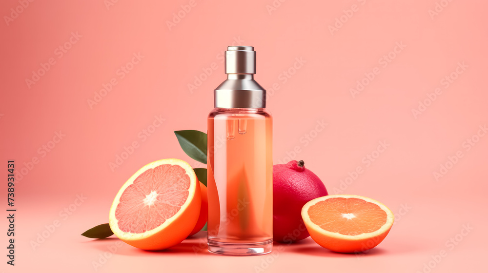 A transparent bottle showcased on a bright background adorned with vibrant grapefruits, offering a refreshing and colorful aesthetic. A transparent bottle showcased on a bright background adorned with vibrant grapefruits, offering a refreshing and colorful aesthetic.