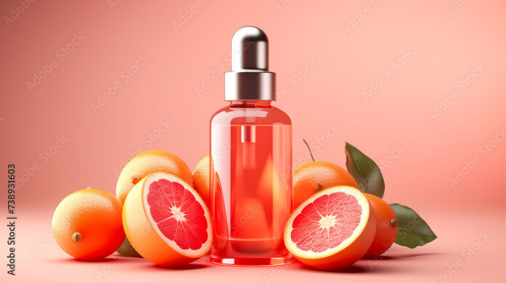 A transparent bottle showcased on a bright background adorned with vibrant grapefruits, offering a refreshing and colorful aesthetic. A transparent bottle showcased on a bright background adorned with vibrant grapefruits, offering a refreshing and colorful aesthetic.