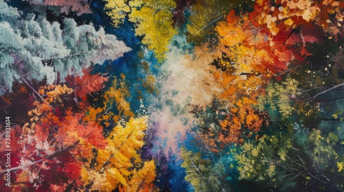 Abstract aerial forest view with a vibrant color explosion.