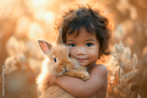 cute mixed race little boy holds and hugs fluffy rabbit in arms outdoor. domestic animals. Easter bunny