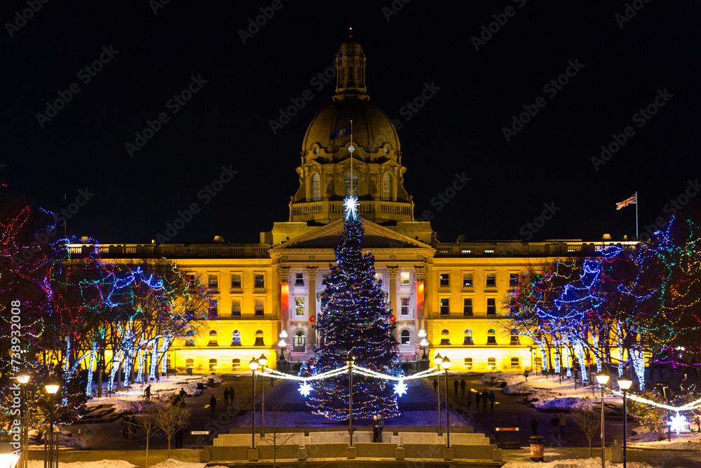 Alberta Legislature in Edmonton at night during Christmas lighting