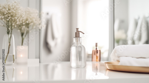 Facial cosmetics neatly arranged in a bathroom setting  portraying a clean and organized skincare routine in a modern home environment.