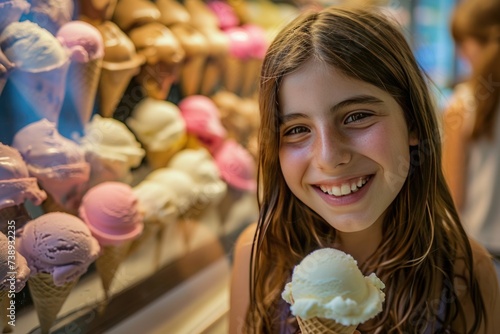 A blond girl smiles holding an ice cream cone at a sweet retail event
