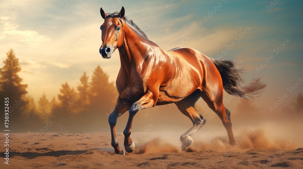 Horse galloping in a sandy arena. Concept of freedom, power, equine grace, sports equestrian club, horse training. Animal in motion Horse galloping in a sandy arena. Concept of freedom, power, equine grace, sports equestrian club, horse training. Animal in motion