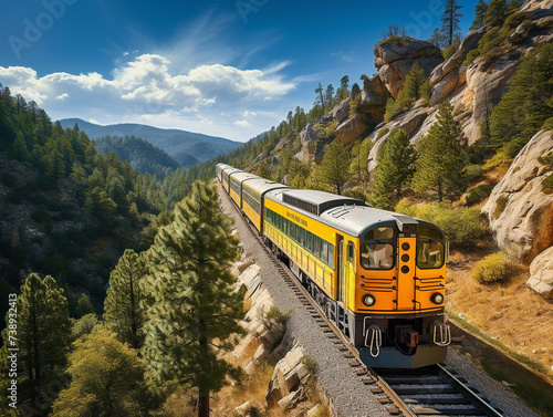 A breathtaking view of a train winding its way through a majestic mountain landscape.